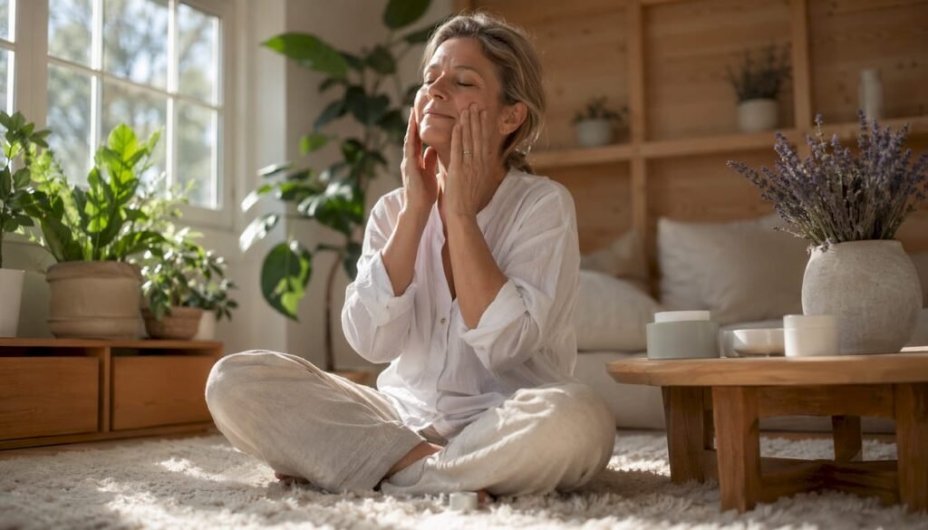 Woman applying moisturizer to face at vanity