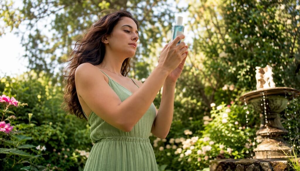 Woman reading skincare product label at home morning