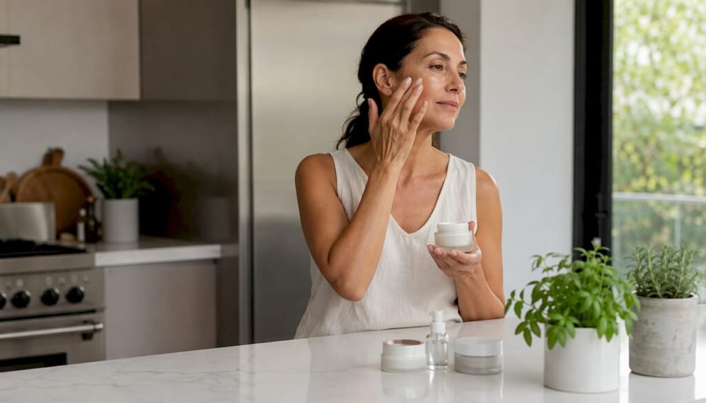 Woman applying skincare serum at vanity
