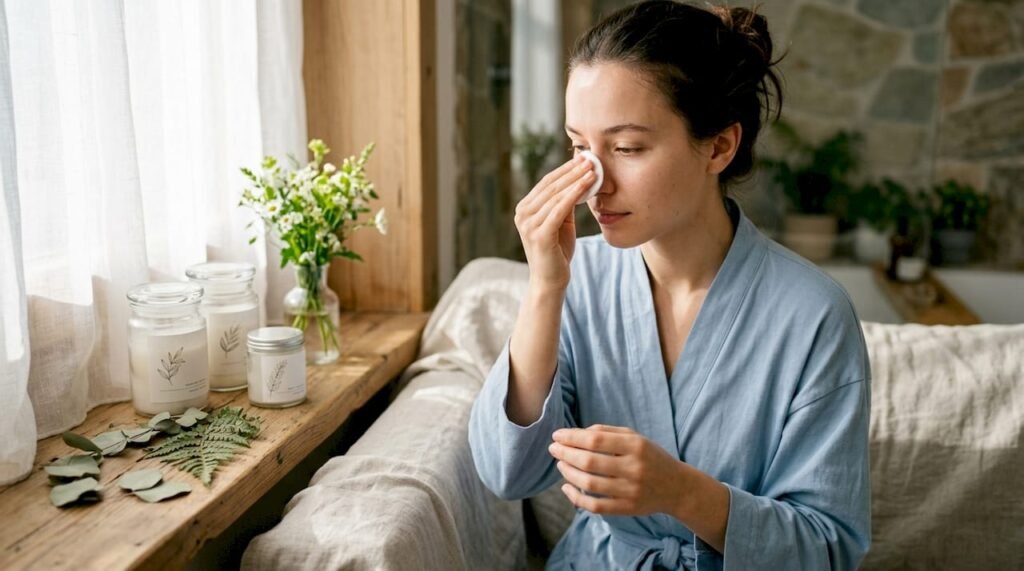 Woman applying natural astringent in bathroom