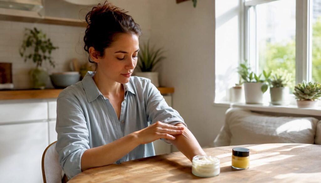 Woman applying natural emollient cream to skin