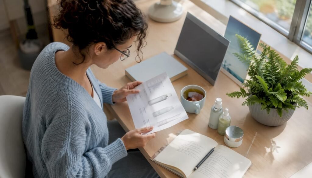 Woman researching natural skincare ingredients