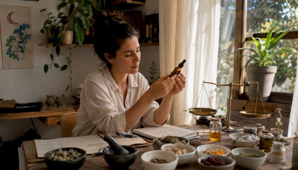 Founder inspecting skincare product in natural home studio