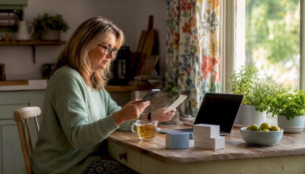 Woman tracking skincare parcel on smartphone at home