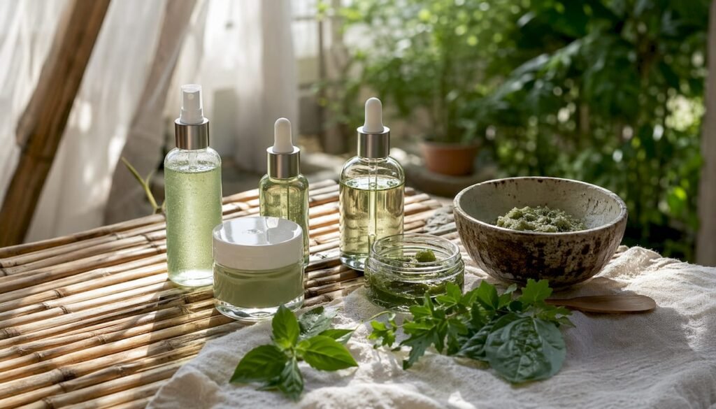 Top-down view of organic skincare products on wood