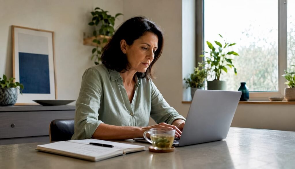 Woman comparing skincare products on laptop at home