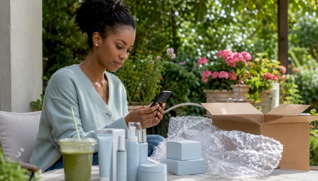 Woman checking skincare express shipping on phone at home