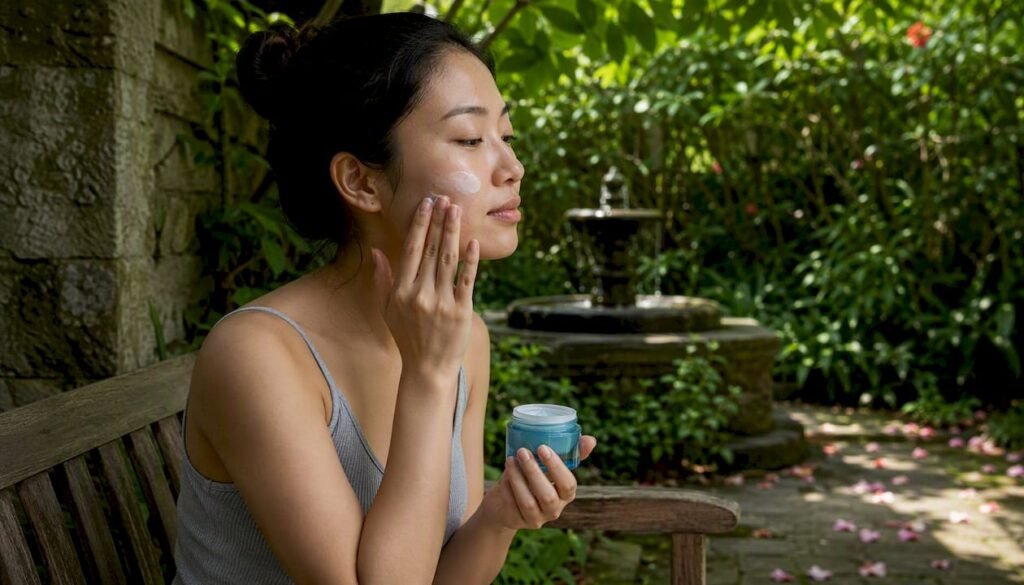 Woman applying moisturizer in bright bathroom