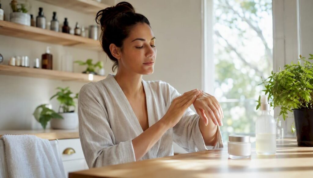 Woman applying vegan moisturizer in bathroom