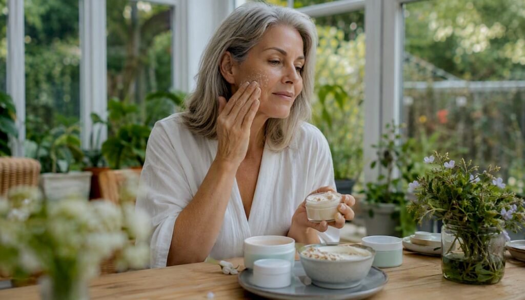 Mature woman applying gentle exfoliant