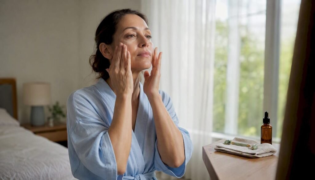 Middle-aged woman applying natural facial serum