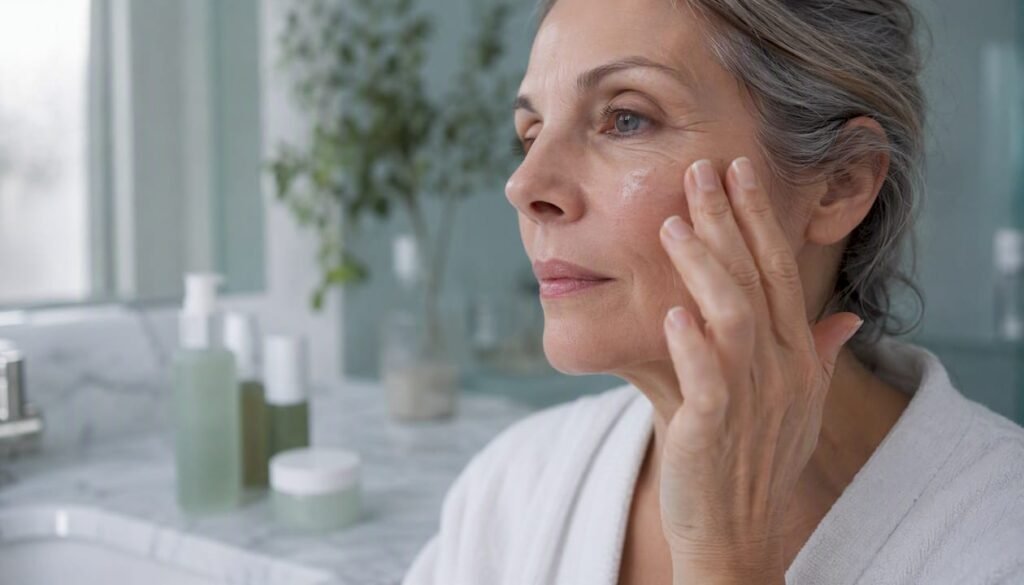 Woman applying serum to cheek close-up