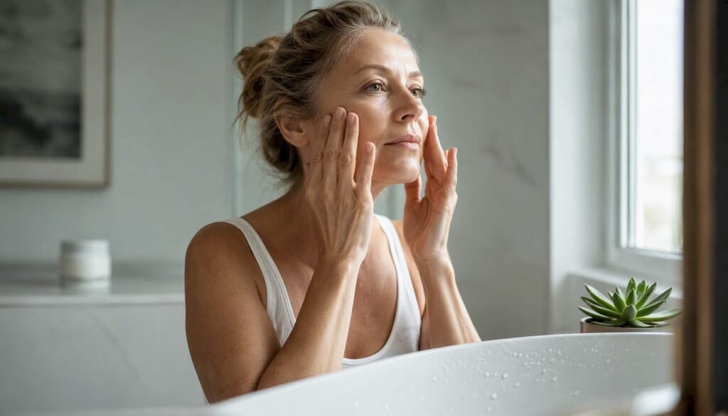 Woman applying facial serum in bright bathroom