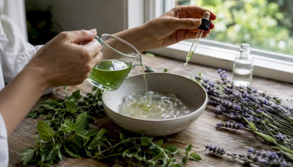 Hands mixing botanical herbal extract in gel base