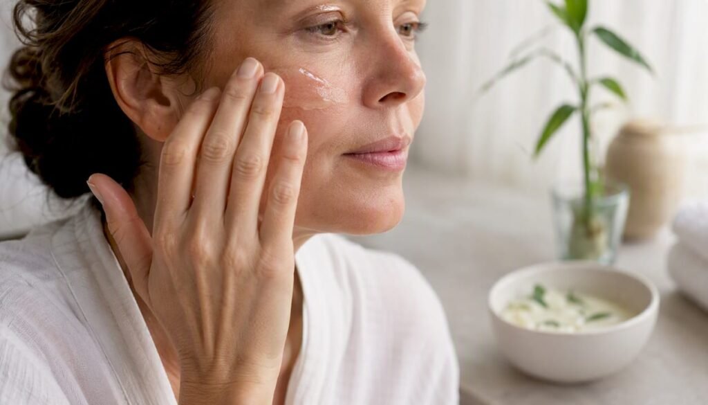 Woman applying serum on cheek