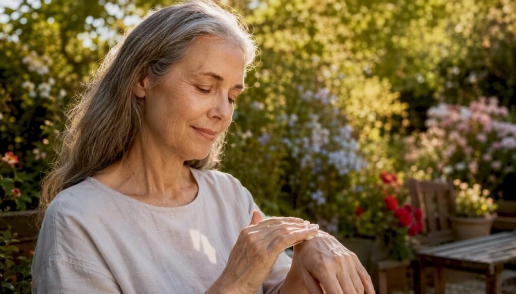 Mature woman applying non-toxic moisturizer