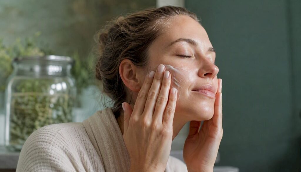 Hands applying moisturizer on skin close-up