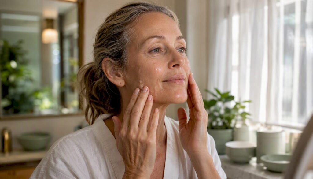 Woman applying anti-aging serum in bathroom