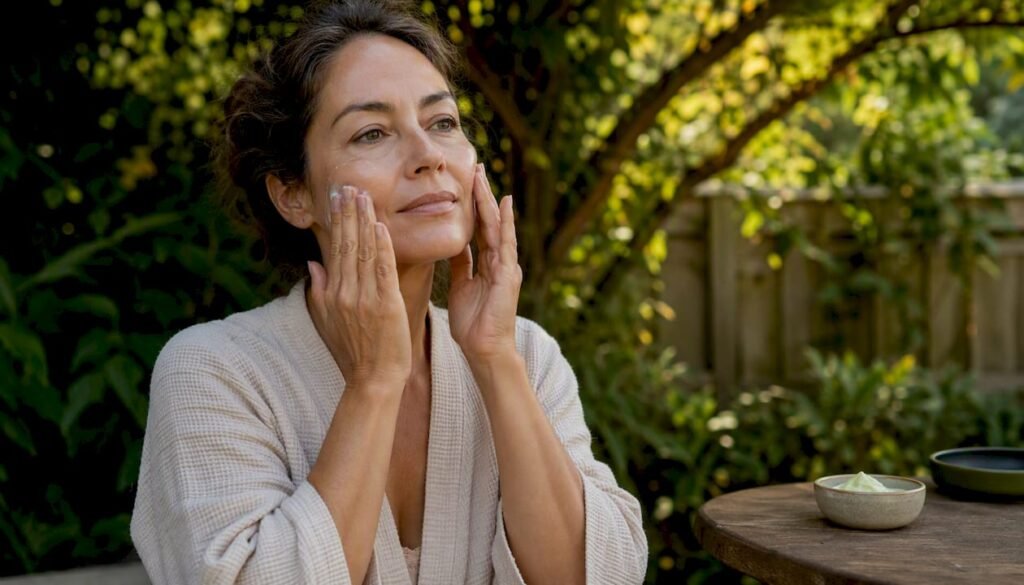 Woman applying moisturizer in morning routine