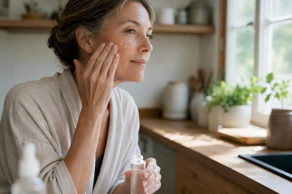 Hands dispensing antioxidant serum onto skin