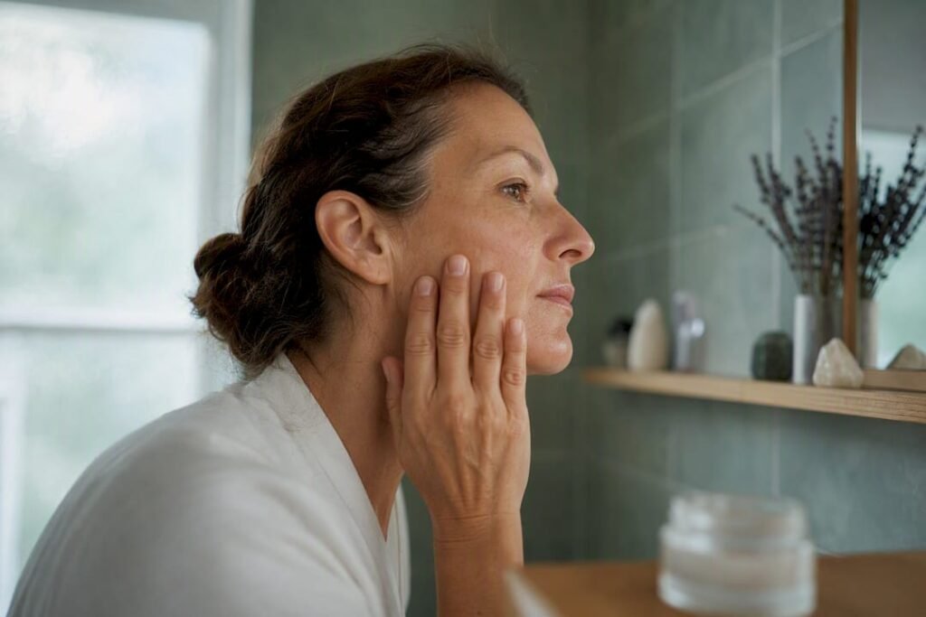 Woman pressing finger to hydrated cheek skin