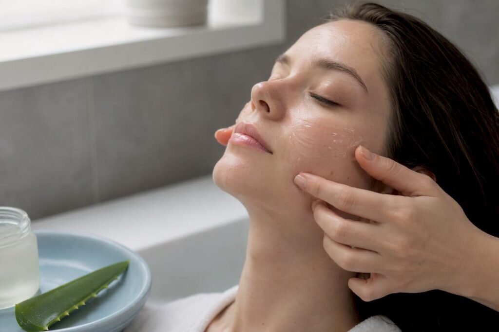 Hands applying translucent facial gel to skin