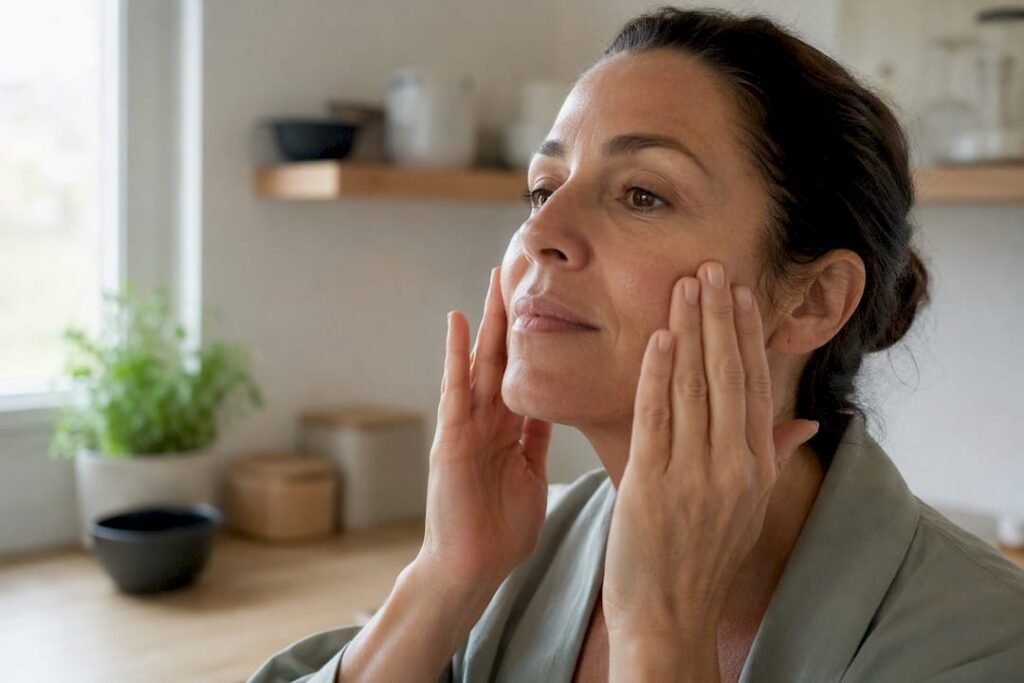 Woman massaging face in five-minute facial routine