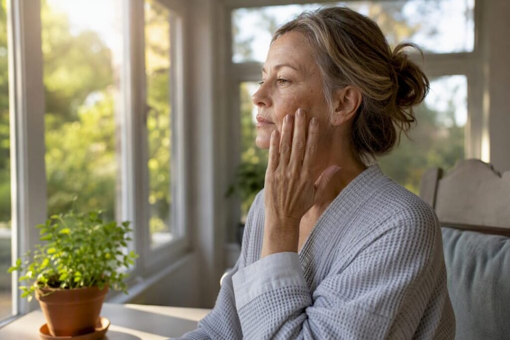 Mature woman examining facial skin pigmentation