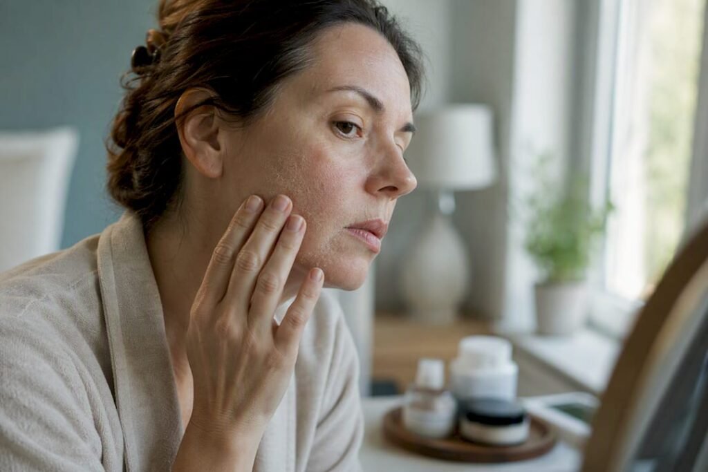 Woman touching and inspecting dry and dehydrated skin