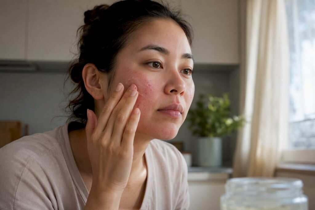 Hands gently applying skincare gel on rosacea-prone skin