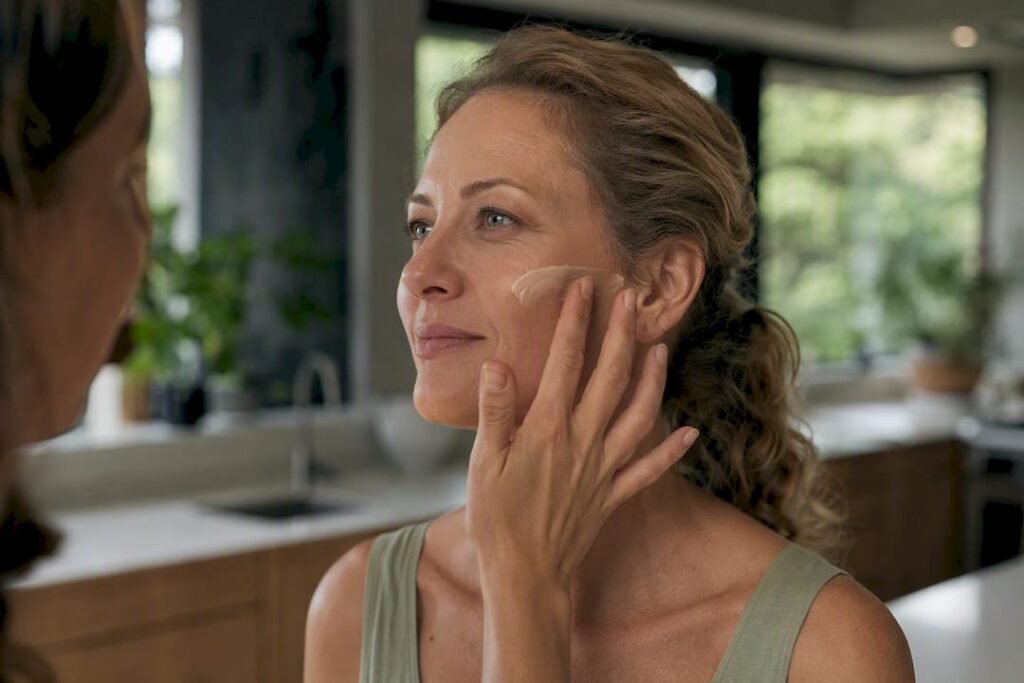Hands applying tinted SPF on face