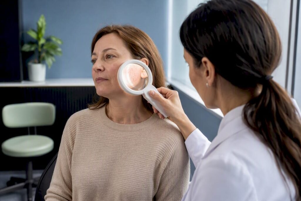 Clinician examining facial skin reaction