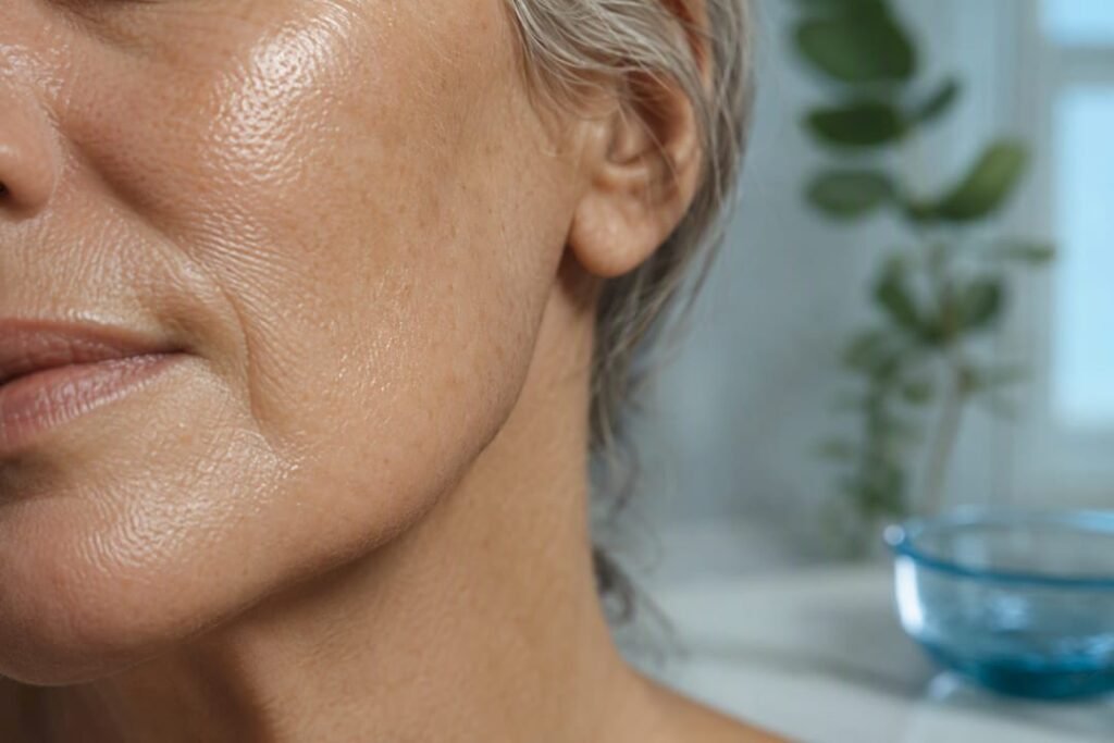 Mature cheek with naturally hydrated skin