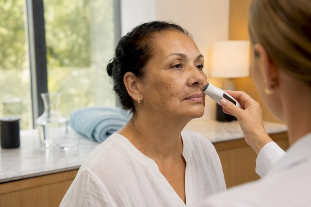 Mature woman receiving upper lip skin assessment
