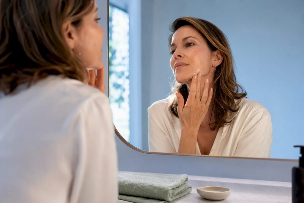 Woman applying gentle facial treatment