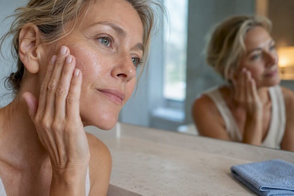 Mature woman gently exfoliating cheek
