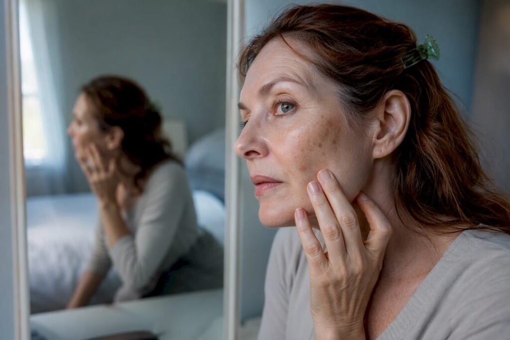 Mature woman examining facial dark spots