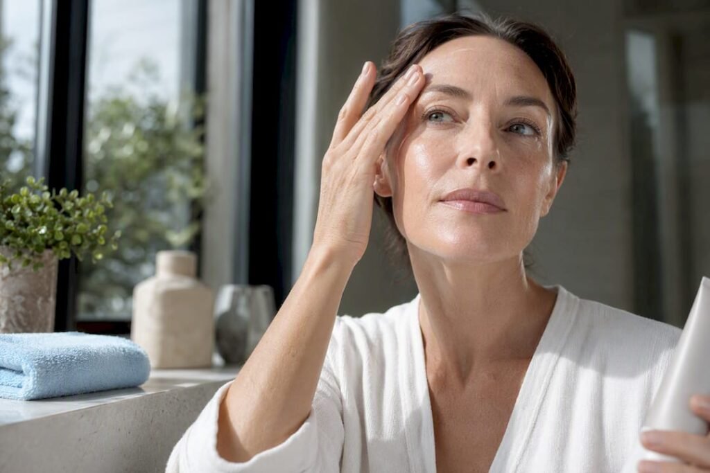 Woman applying tinted sunscreen in daylight