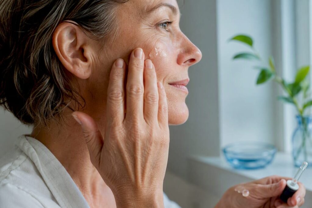 Mature woman applying serum to cheek