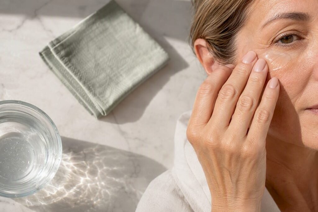 Woman applying cooling gel beneath eye