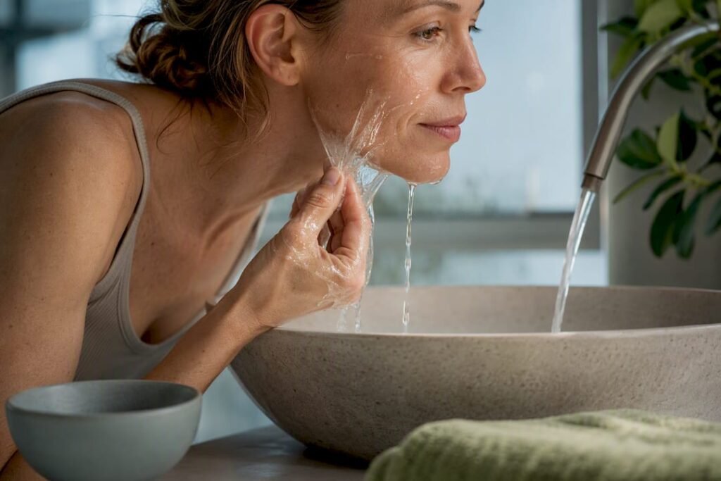Mature woman rinsing enzyme face mask