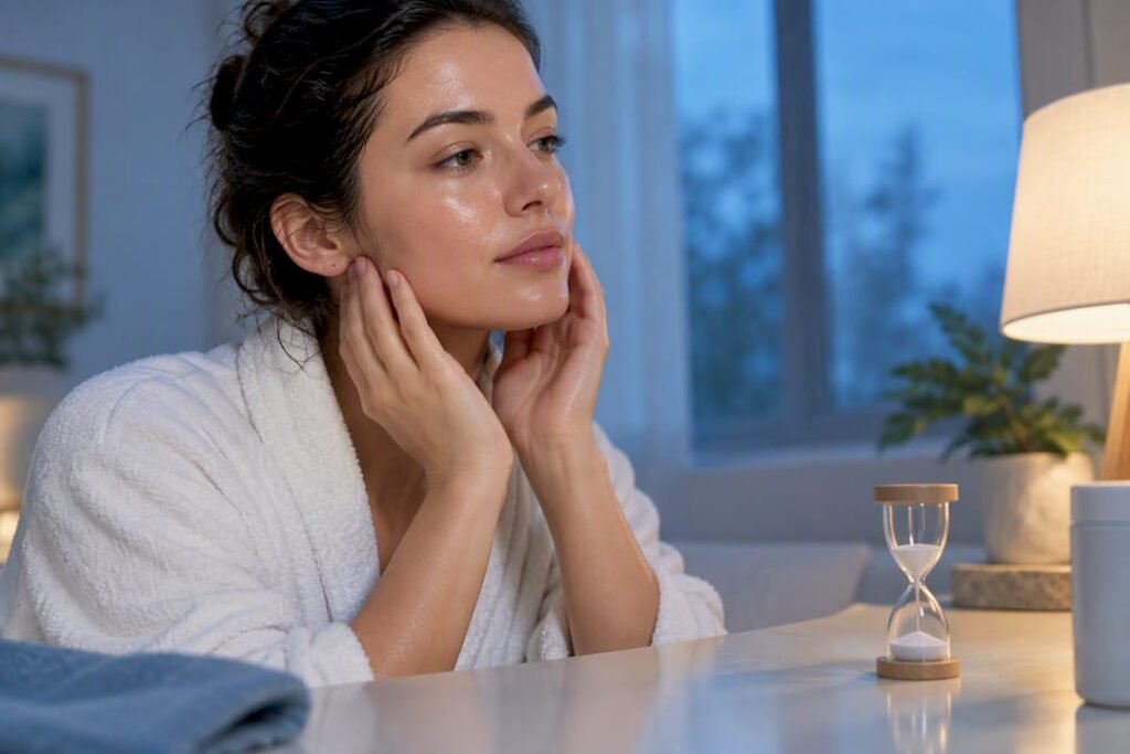Woman pausing between cleansing and exfoliating