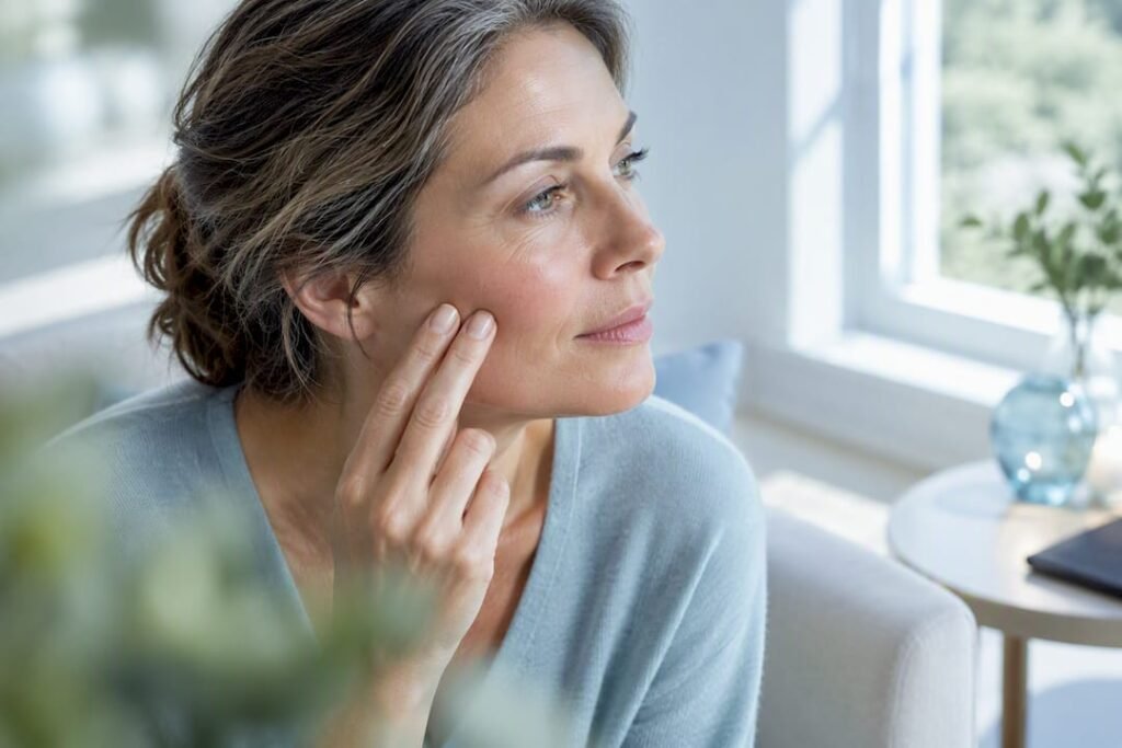 Mature woman examining cheek skin texture