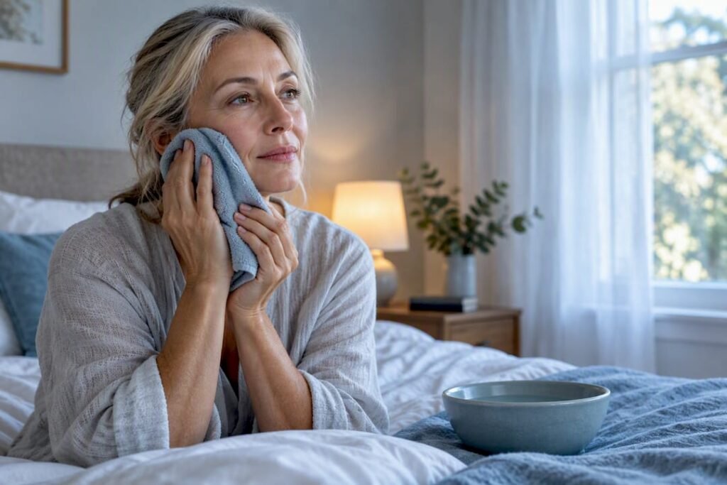 Woman applying cool compress to cheek