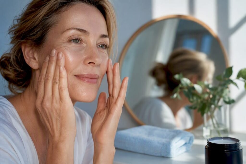 Woman applying skincare before makeup