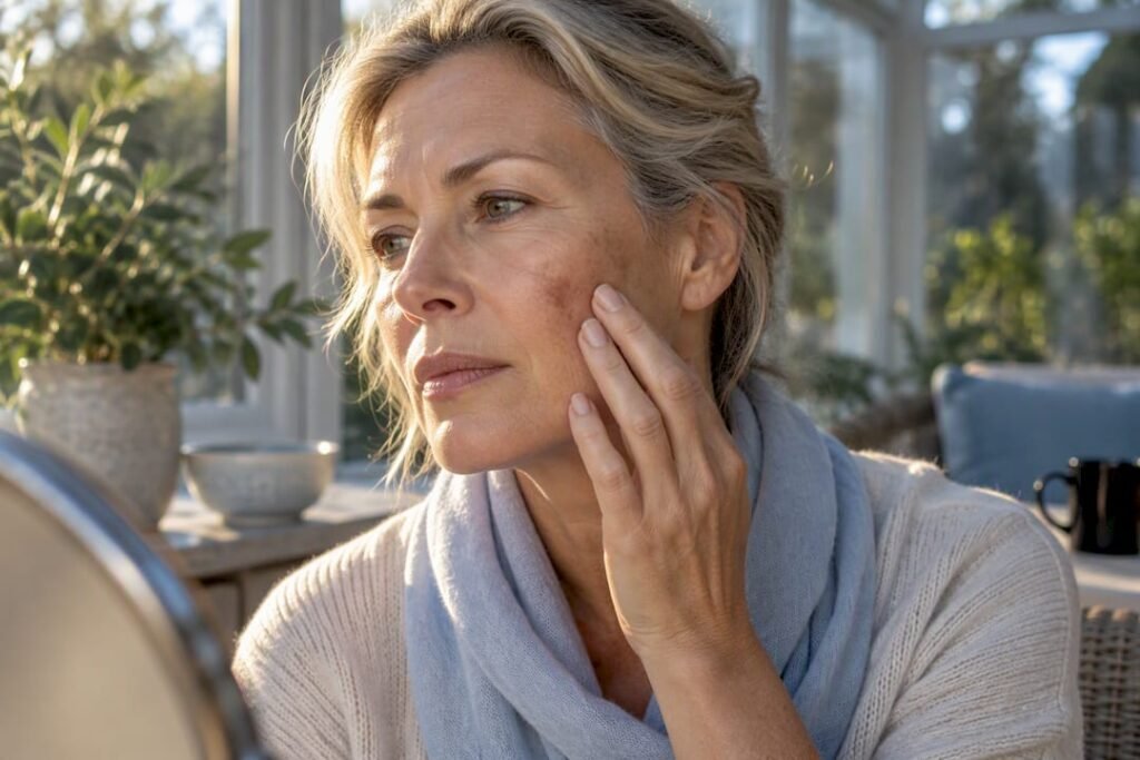 Mature woman examining cheek pigmentation
